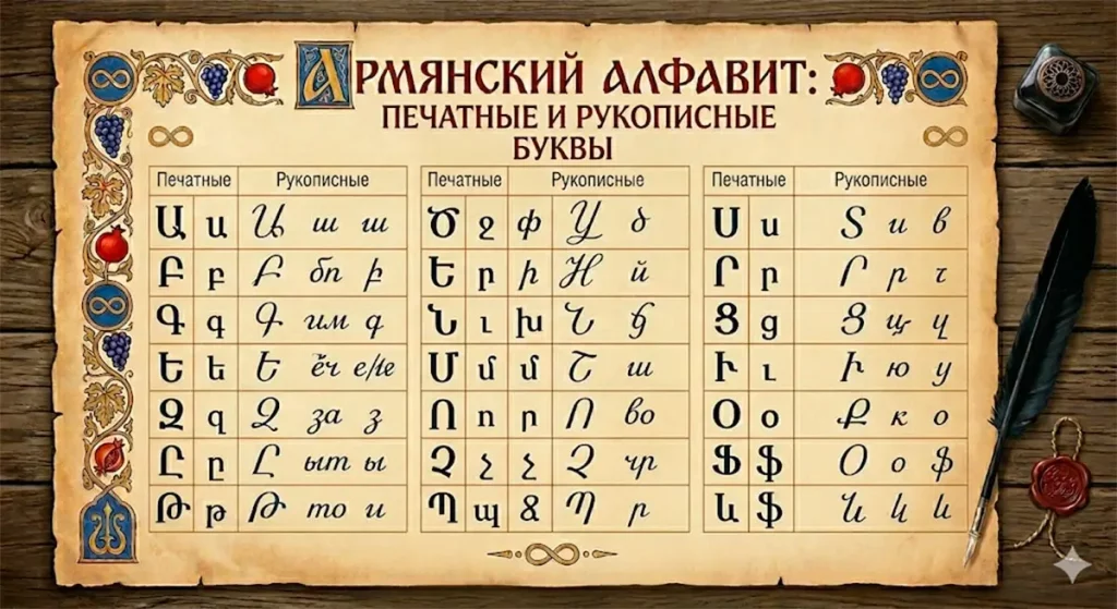 армянский алфавит прописные буквы с переводом на русский