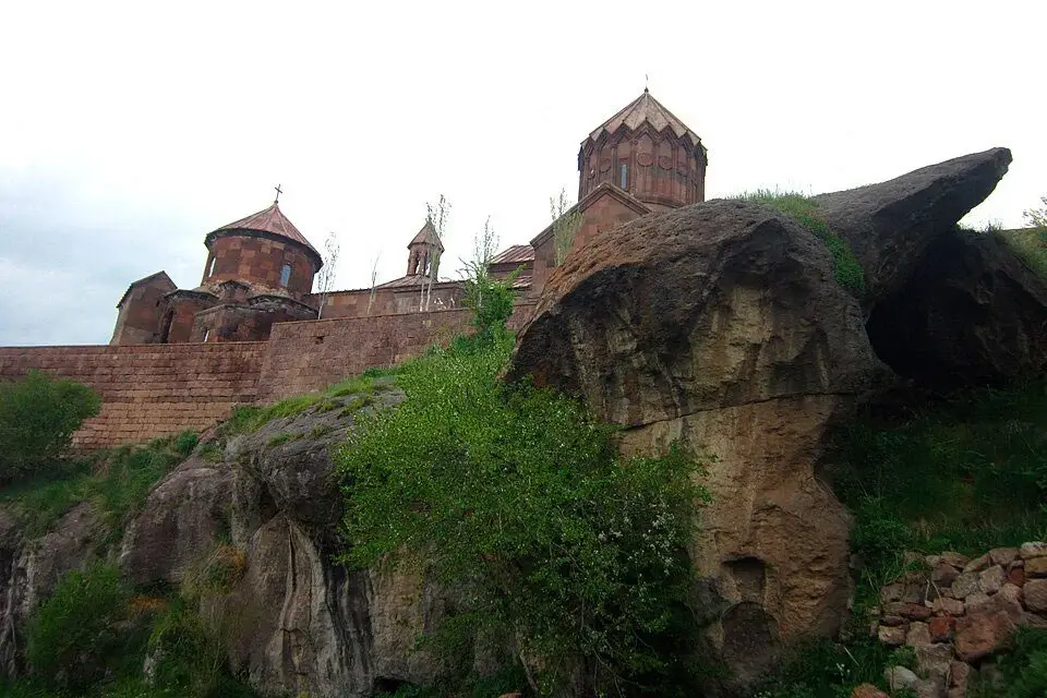 View from the canyon below the defensive walls of Harichavank Monastery