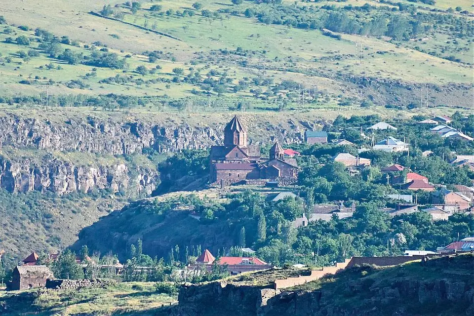 Panoramic view of Hovhannavank Monastery on the cliff edge of Kasagh Canyon