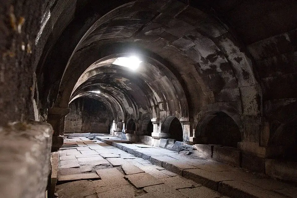 Interior of Selim Caravanserai with vaulted stone hall