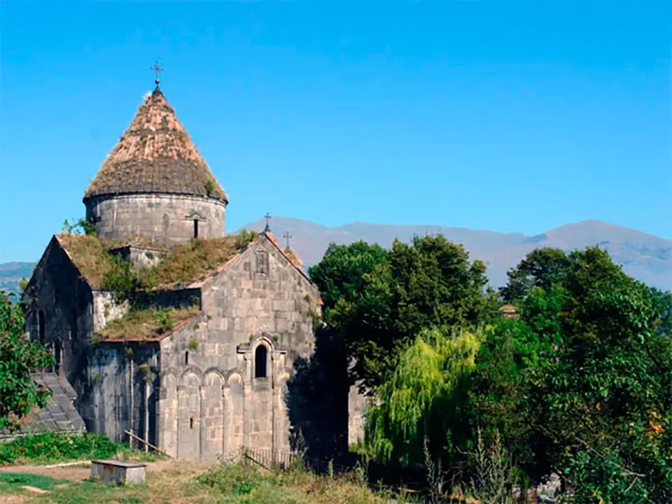 Sanahin Monastery in Armenia with mountains in the background