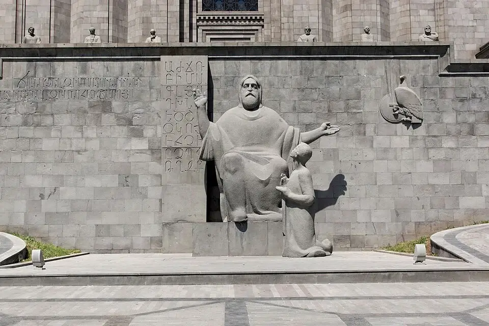 Sculptural group of Mesrop Mashtots and his pupil Koryun in front of the Matenadaran in Yerevan