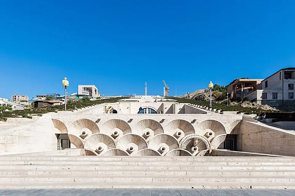 Steps and terraces of the Yerevan Cascade in white travertine