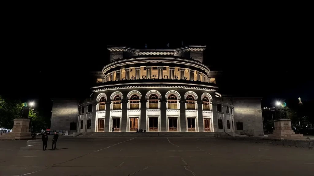 Yerevan Opera Theatre at night, seen from Freedom Square