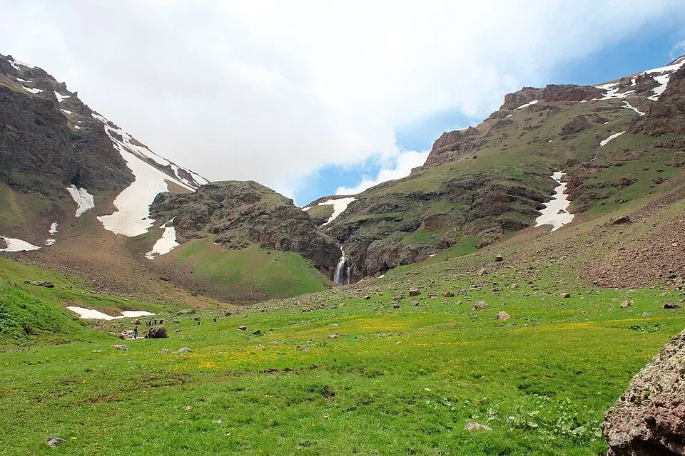 High-altitude valley panorama with Gegharot Waterfall on Mount Aragats