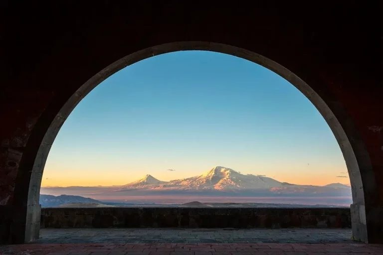 Charents Arch framing Mount Ararat in Armenia