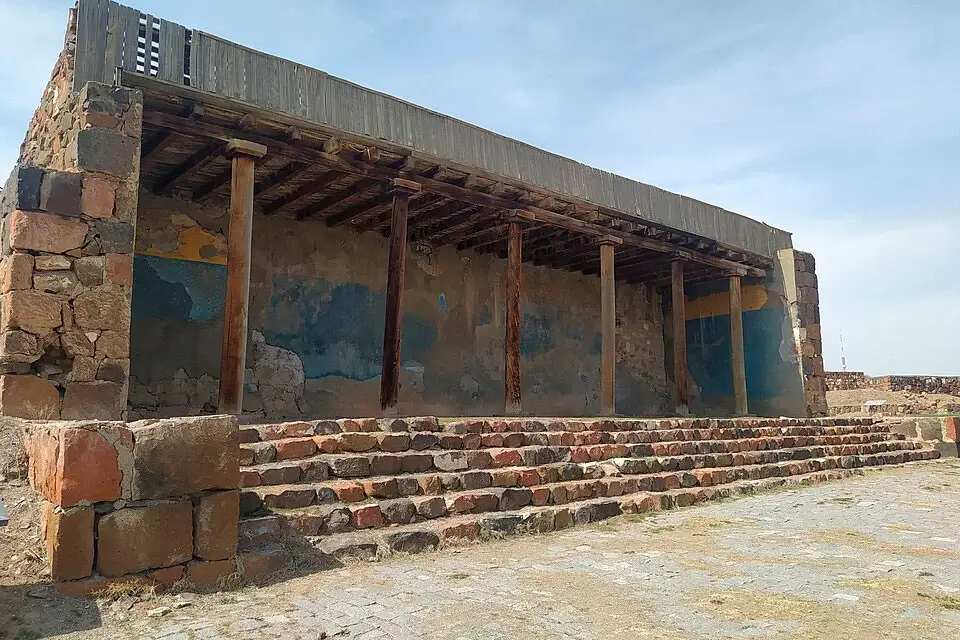 Reconstructed Urartian hall with fresco remains at Erebuni Fortress
