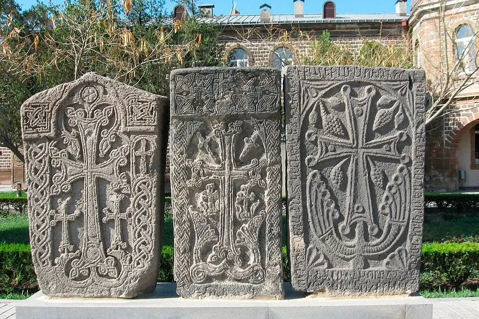 Armenian khachkar with a carved cross and intricate stone ornament