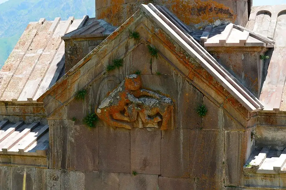 Lion and bull stone relief at Tsakhats Kar Monastery